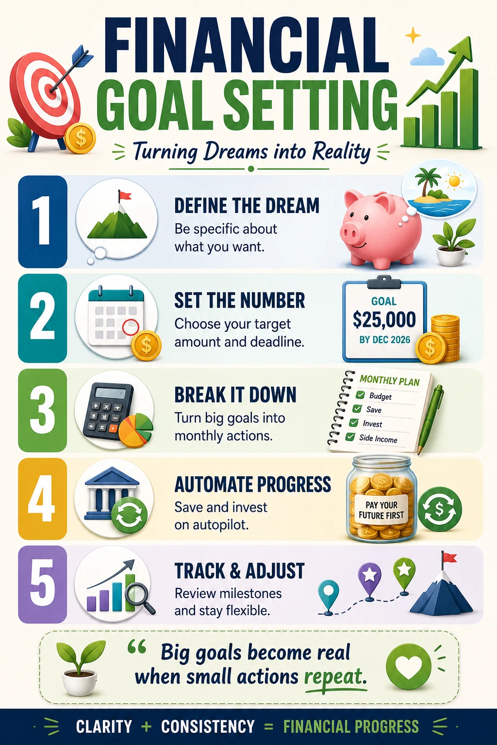 Infographic showing a practical financial goal setting process from defining a target to automating and reviewing progress.
