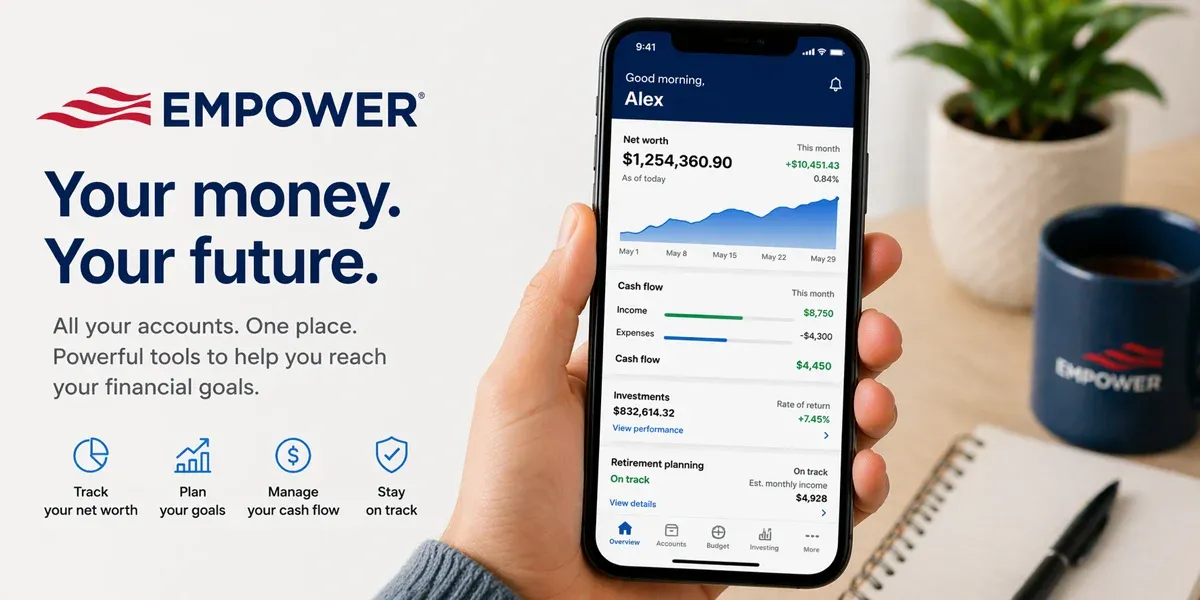 A mobile phone displaying a financial tracking app with graphs and account balances. The background features a person holding the phone and a branded cup.