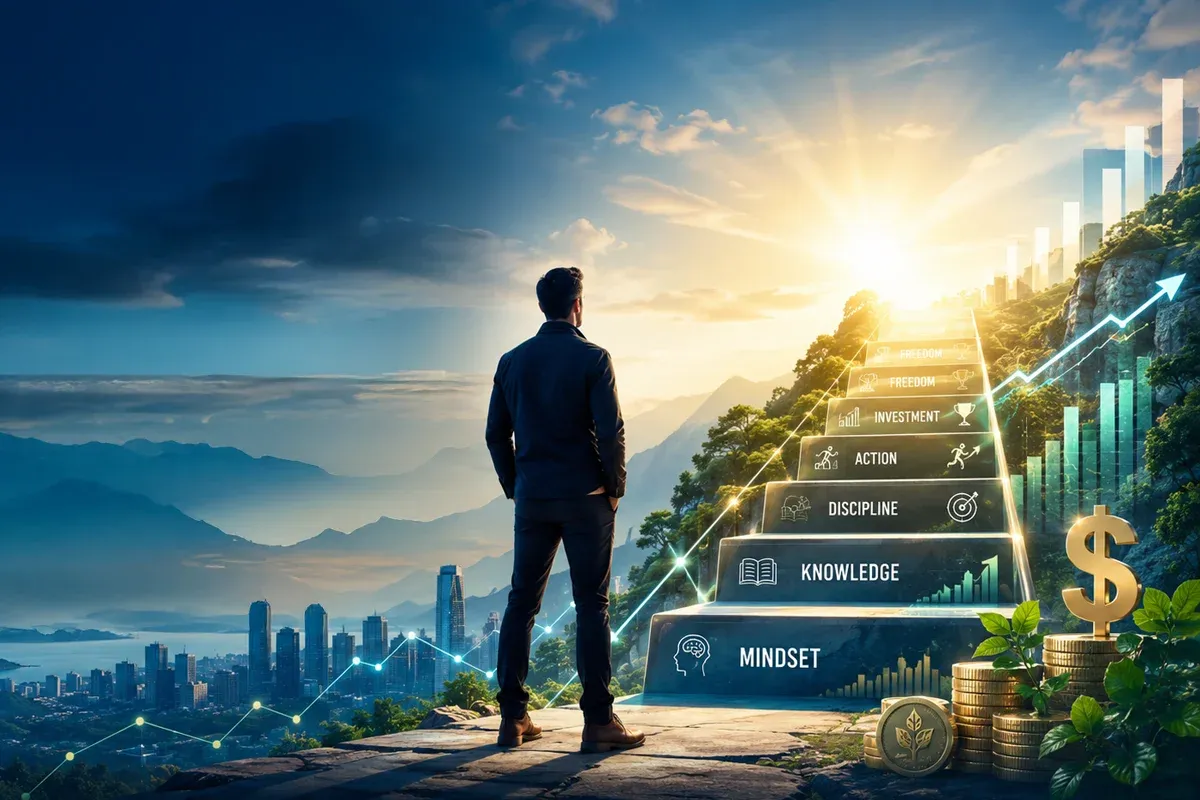 A person stands on a mountain peak, looking towards a sunrise that symbolizes financial growth. Various icons and symbols of investment strategies rise alongside the mountain, illustrating a path to wealth.