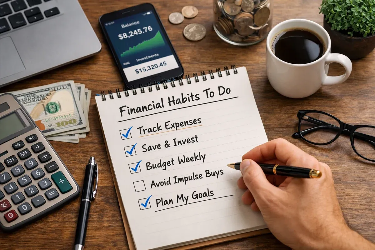 A checklist on a notebook outlining financial habits such as tracking expenses, saving, and budgeting. Nearby are a calculator, smartphone with a balance display, coffee cup, and coins.