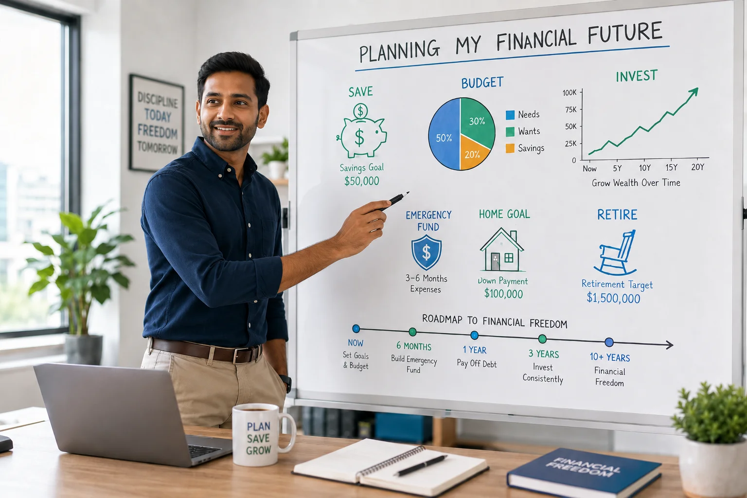 A man presenting a financial planning strategy with charts and diagrams on a whiteboard, highlighting savings goals, budget allocation, and investment options.