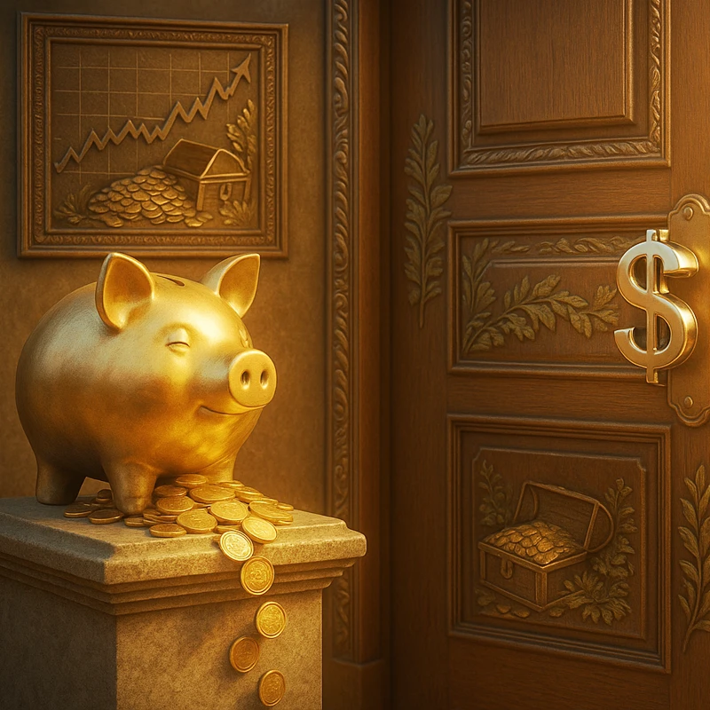 Golden piggy bank on a pedestal spilling coins, set against a wooden backdrop with carved financial symbols and a dollar sign on the door.
