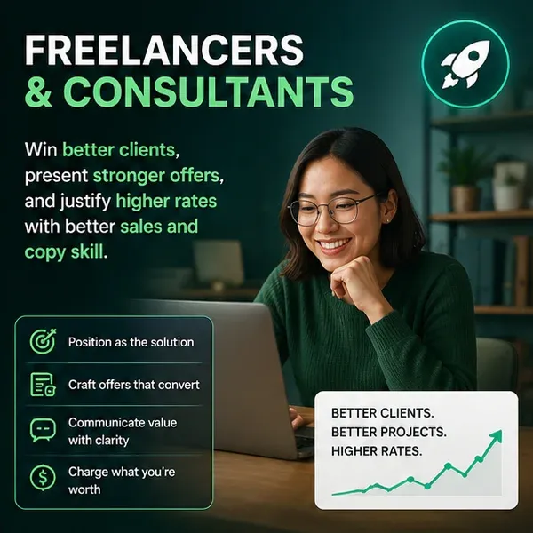 A woman in a green sweater smiles while working on a laptop, surrounded by icons representing freelance success strategies. The text highlights how to win better clients and improve sales.