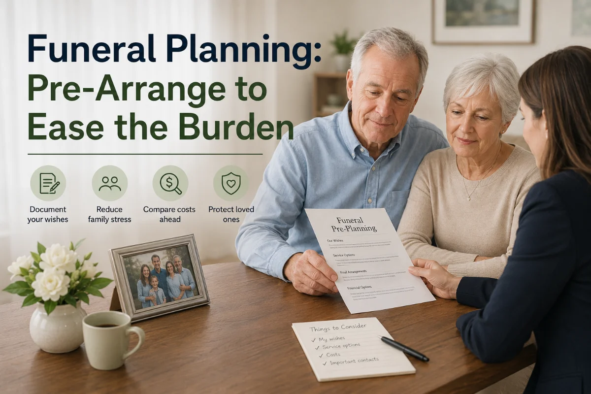 A couple discusses funeral planning options with a woman, reviewing a document titled 'Funeral Pre-Planning.' Icons highlight benefits such as documenting wishes and reducing family stress.