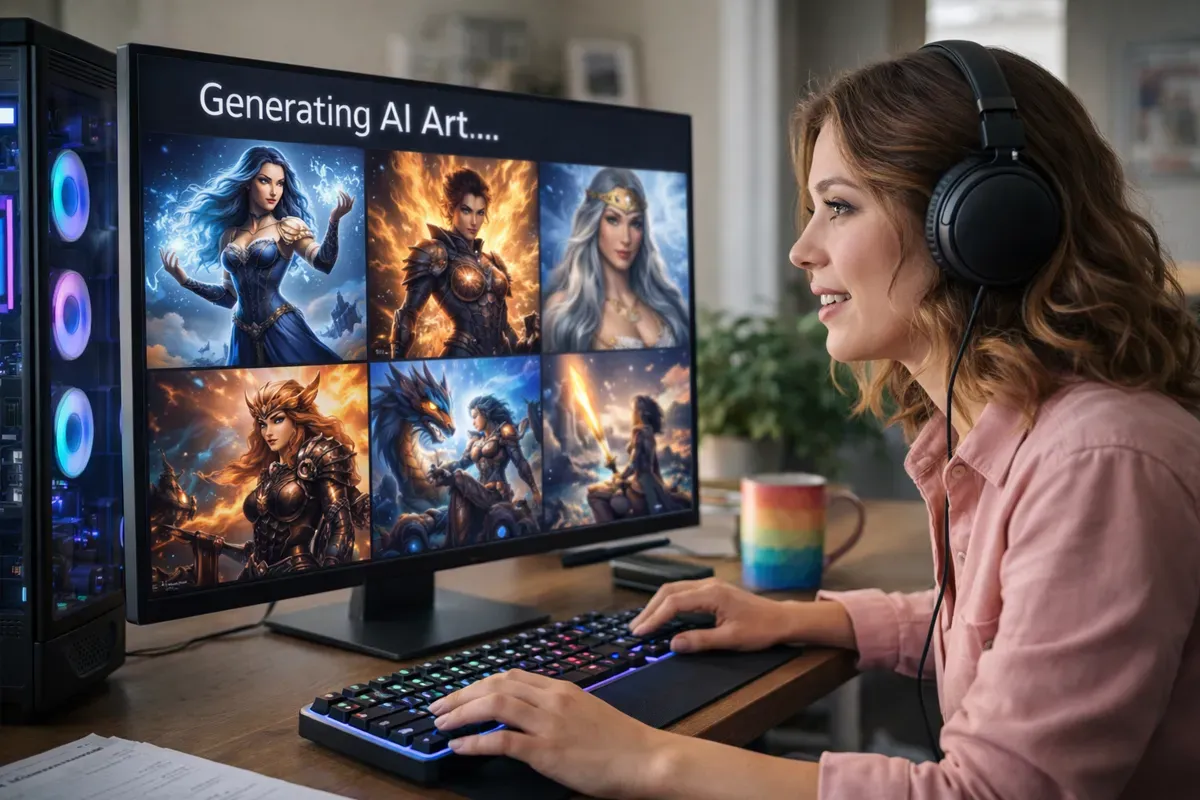 A focused young woman wearing headphones works on generating AI art, surrounded by vibrant fantasy character images on her monitor.