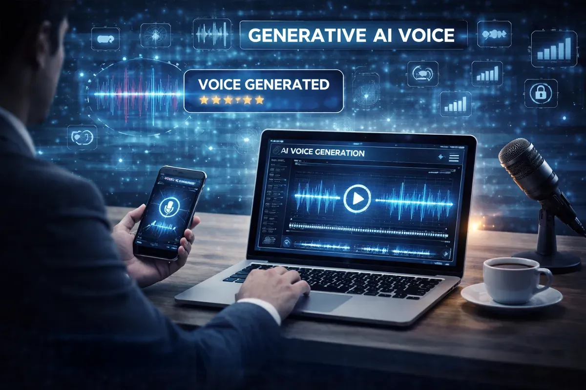 A person interacts with a laptop and smartphone displaying generative AI voice generation tools, accompanied by audio waveforms and rating stars.