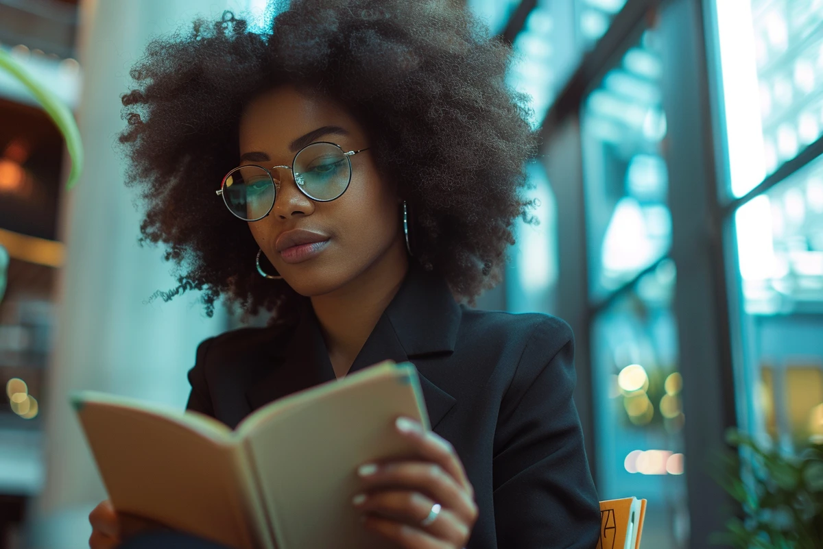 Woman reading book in modern office lobby.