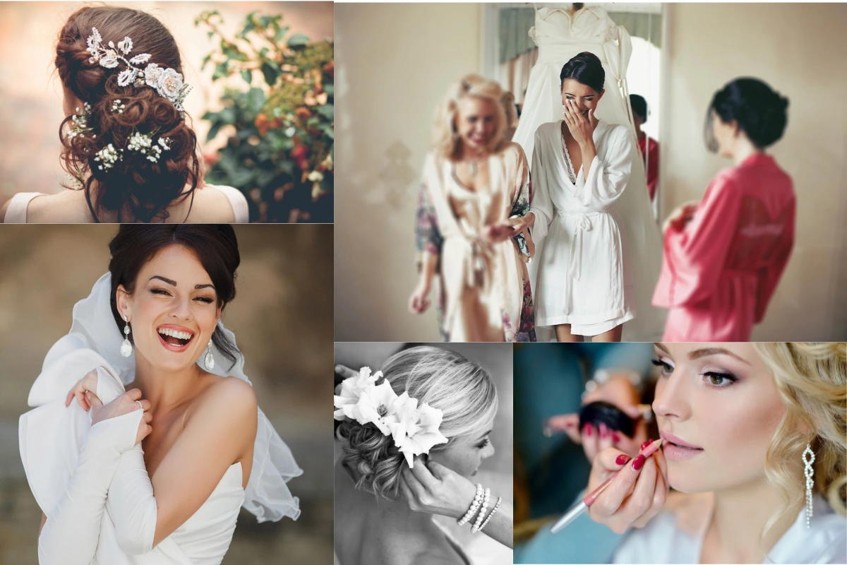 Collage of joyful brides preparing for wedding day