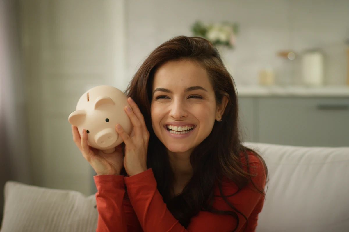 Happy woman holding a piggy bank indoors