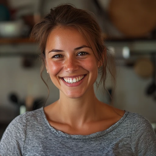 Smiling young woman in a casual grey top.