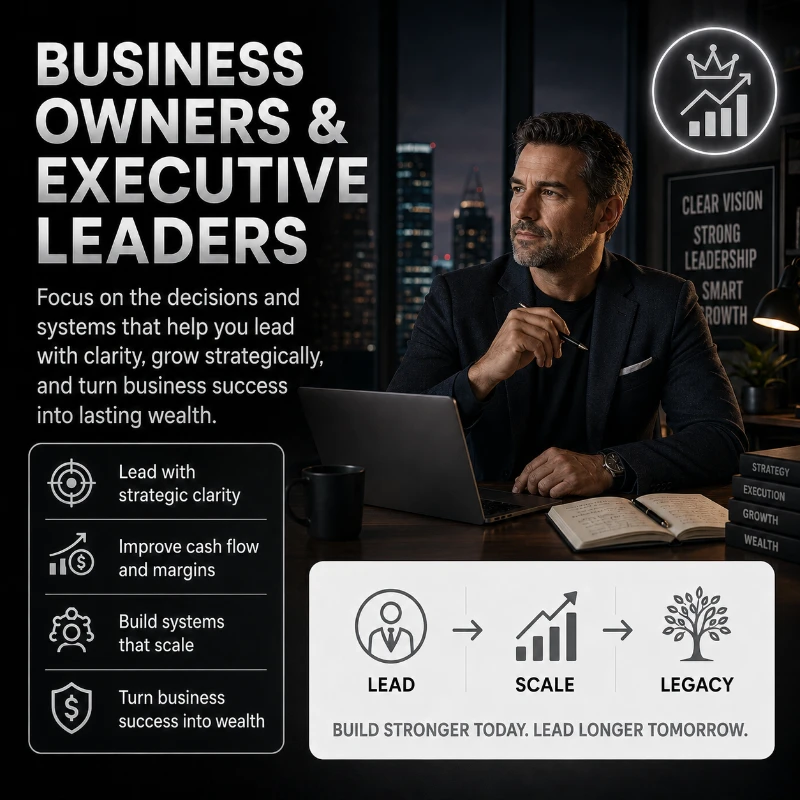 A businessman sitting at a desk is deep in thought, with a laptop and notebook open. The image highlights strategies for business growth and success.