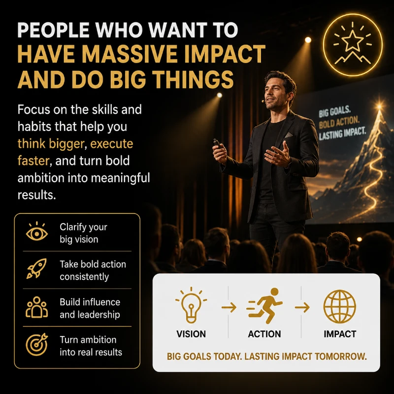 A speaker presenting at a motivational event about achieving big goals and making a significant impact. Key points include vision, action, and turning ambition into results.