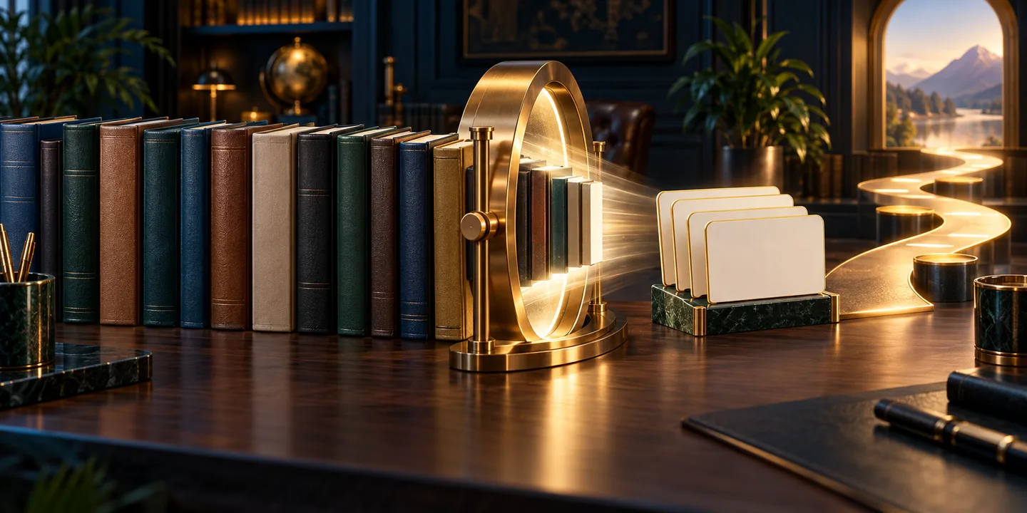 A row of business books is distilled through a glowing selection tool into a concise stack of action cards.