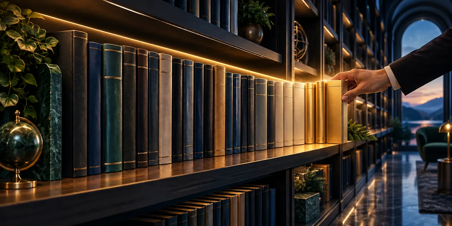 A hand adds a golden volume to a premium library whose bindings progress from deep navy to warm gold, suggesting the collection keeps expanding.