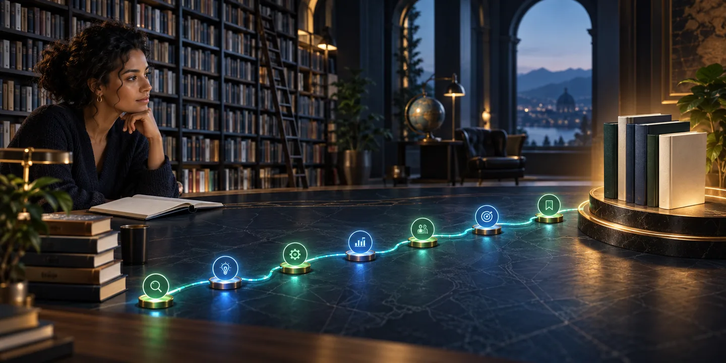 A reader follows an illuminated path of learning milestones toward a curated set of books.