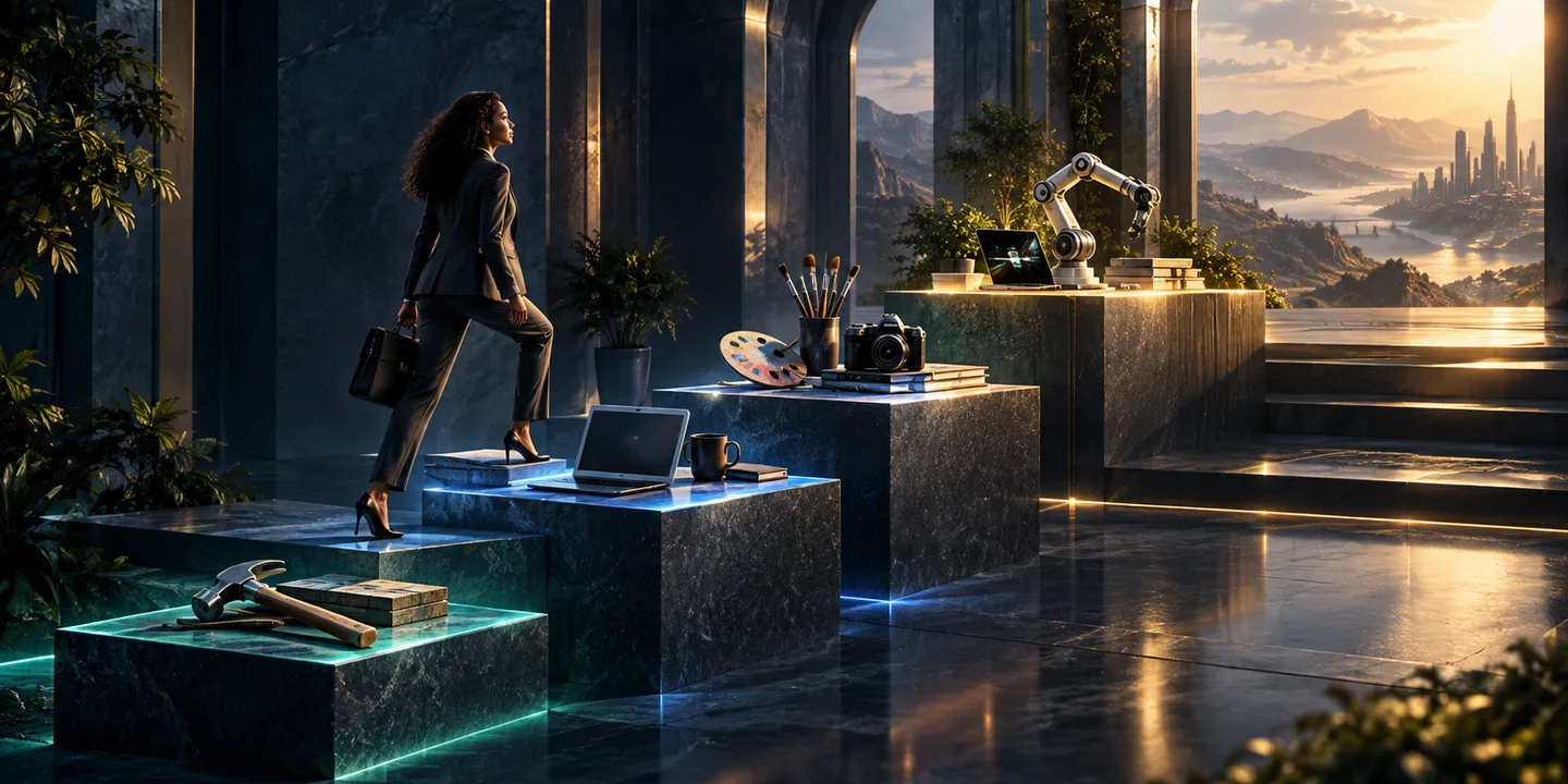 A professional climbs illuminated platforms where increasingly advanced tools lead toward greater opportunity.