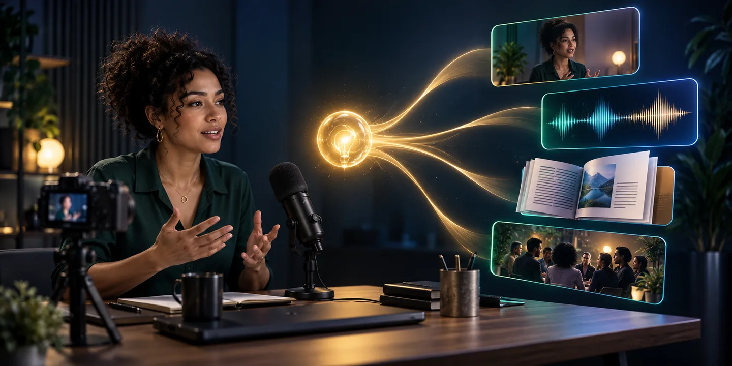 A creator records a lesson as one idea branches into refined video, audio, writing, and community formats.