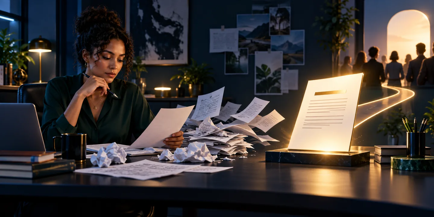 A writer refines scattered draft pages into one clear, polished message that leads to an engaged audience.