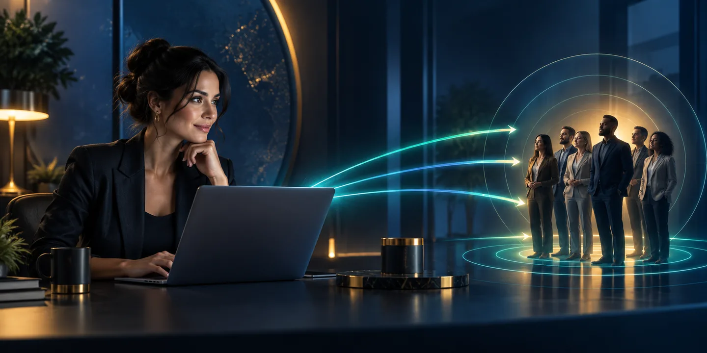 A strategist directs precise streams of light toward a clearly defined audience in a modern campaign studio.