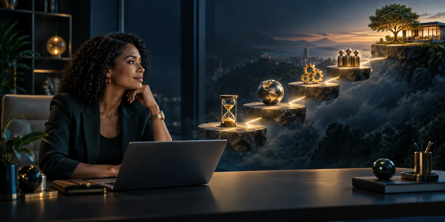 A confident professional considers an upward path marked by symbols of time, leverage, value, and opportunity.
