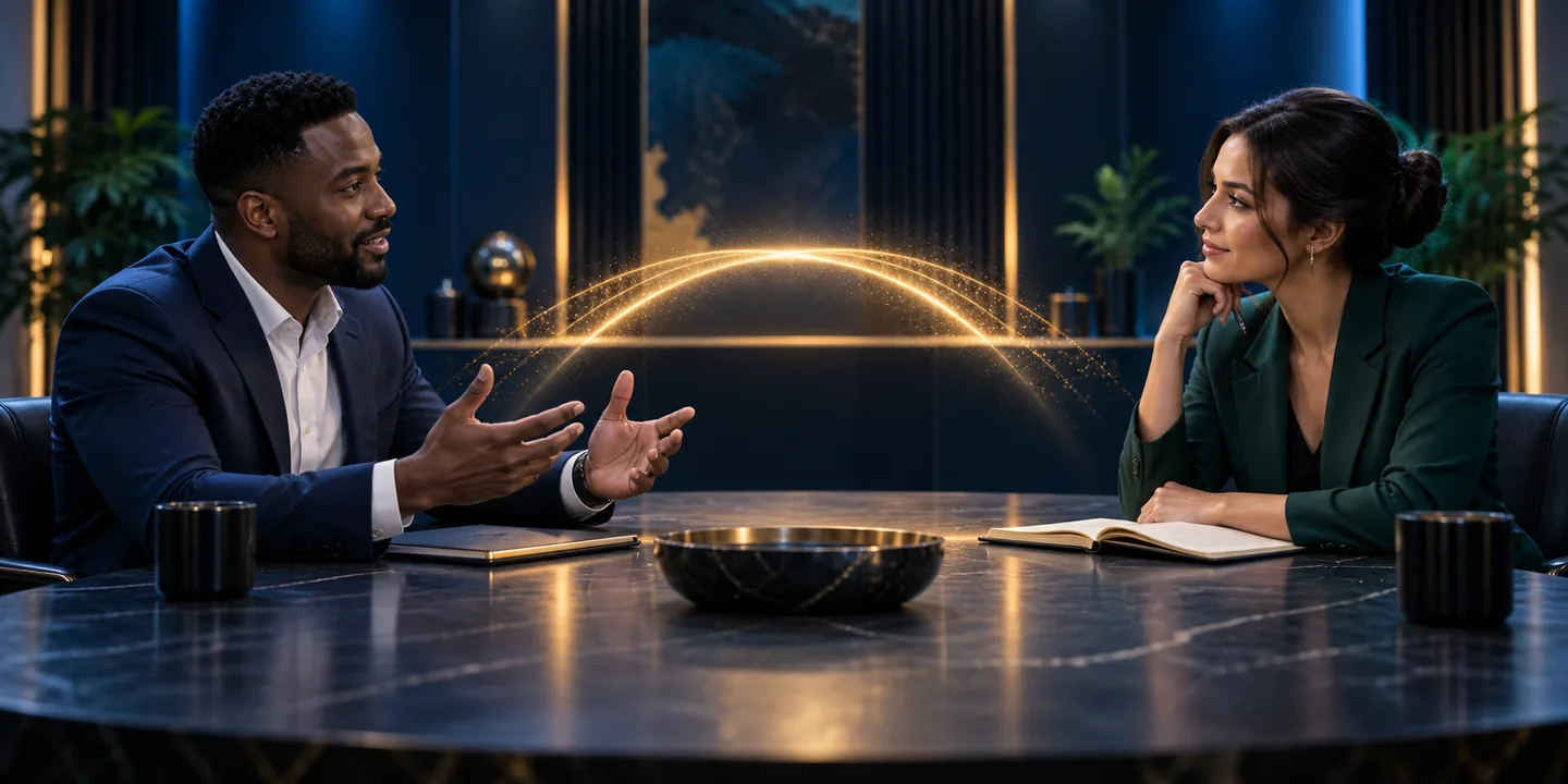 Two professionals exchange ideas across a table as a luminous bridge forms between them.