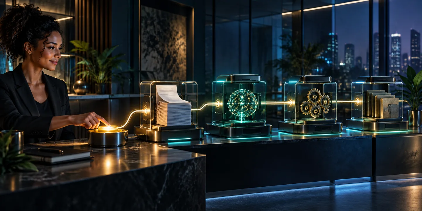 A professional activates a connected sequence of digital and mechanical automation tools in a modern studio.