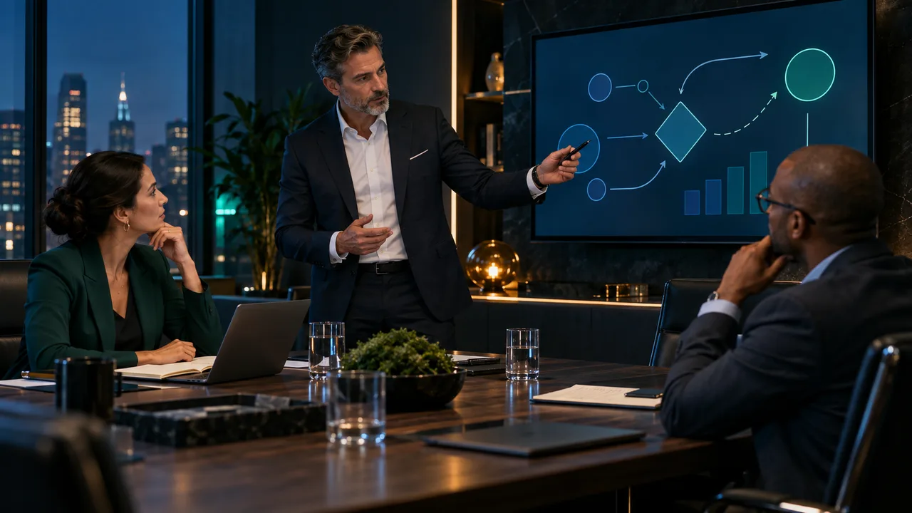 An executive leads a small team through a strategic decision in a modern boardroom.