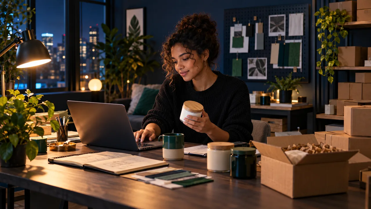 A side-hustle builder works after hours with a laptop, prototype materials, and an organized fulfillment setup.