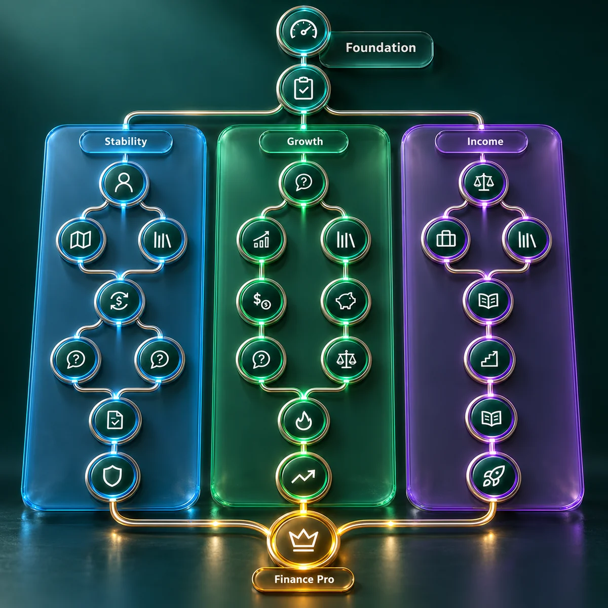 A realistic glass-and-metal Financial Freedom Skill Tree with blue Stability, green Growth, and purple Income branches.