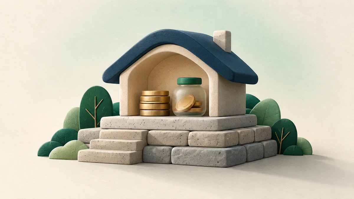 A sturdy home shelters savings on a layered stone foundation.