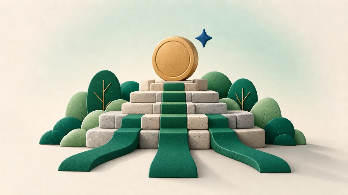 Three green paths converge up a staircase toward a gold coin.