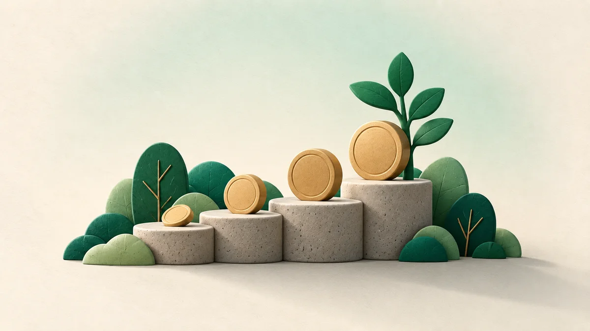 Coins increase across rising platforms beside a growing plant.