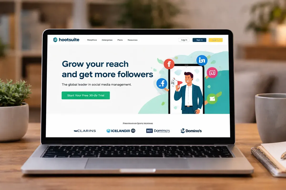 A laptop displaying the Hootsuite homepage, promoting social media management services and follower growth.