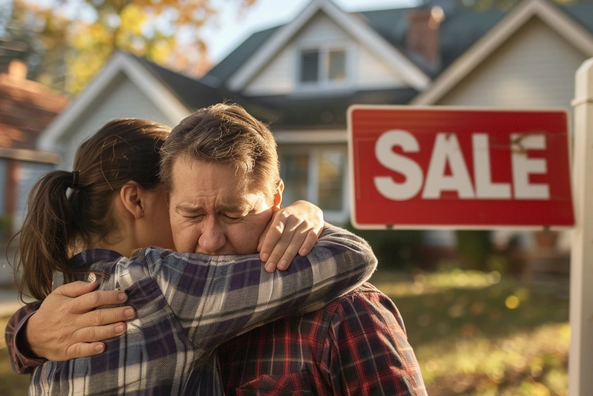 Couple sadly embracing by a house sale sign.