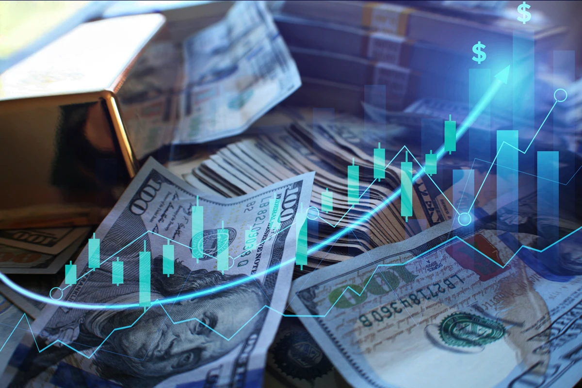 Financial growth concept with dollars and trend graphs