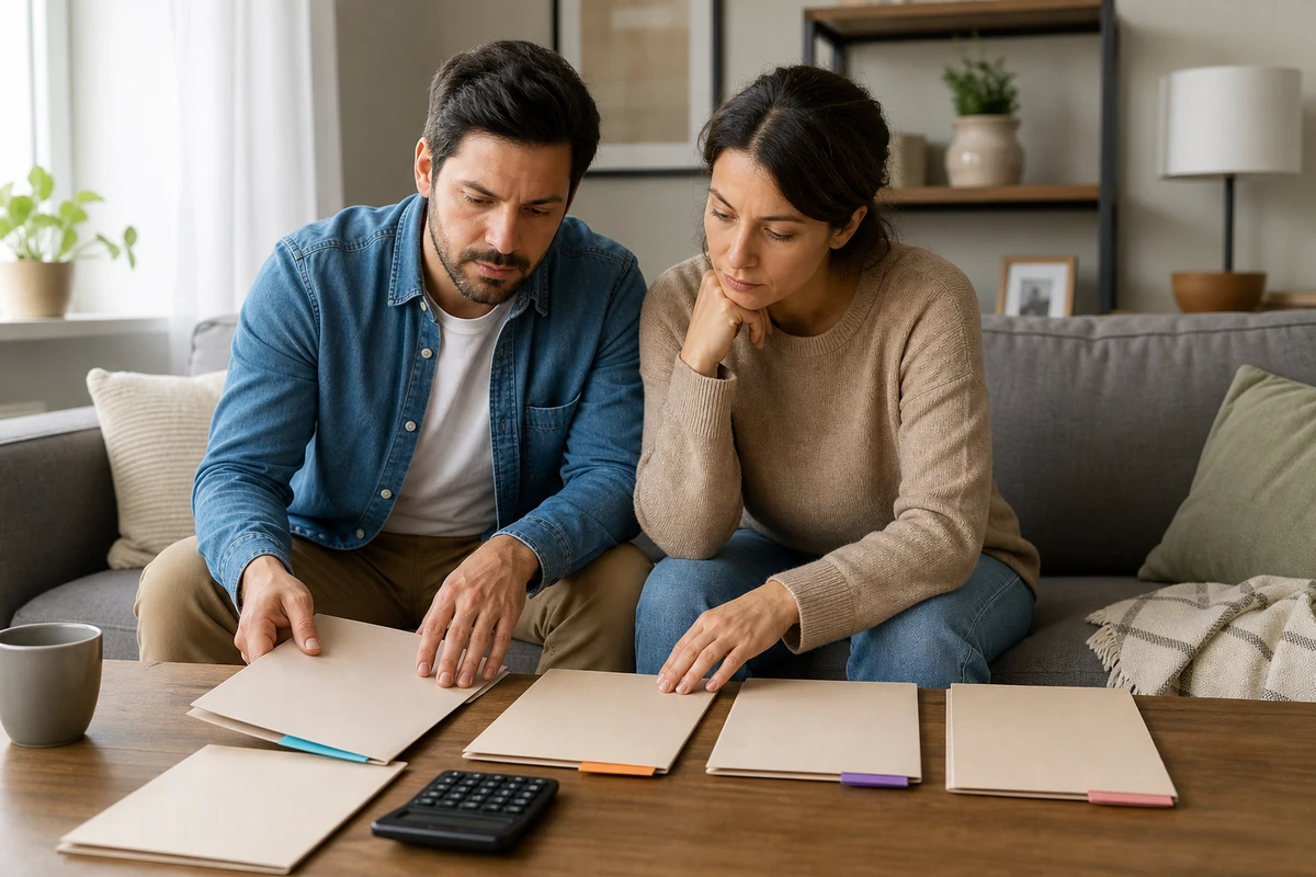 A couple reviews separate insurance folders to identify protection gaps their savings cannot absorb.