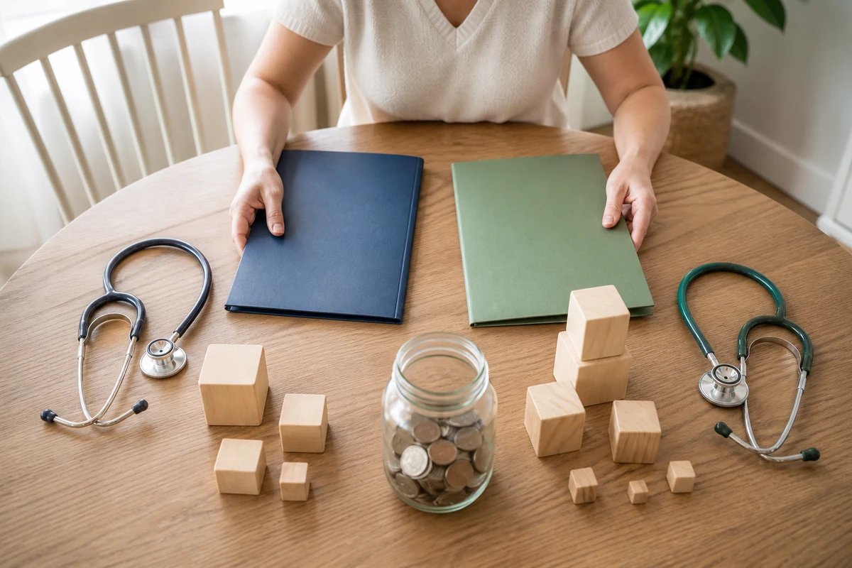 Two health plan folders are compared using care access, savings, and cost-sharing blocks