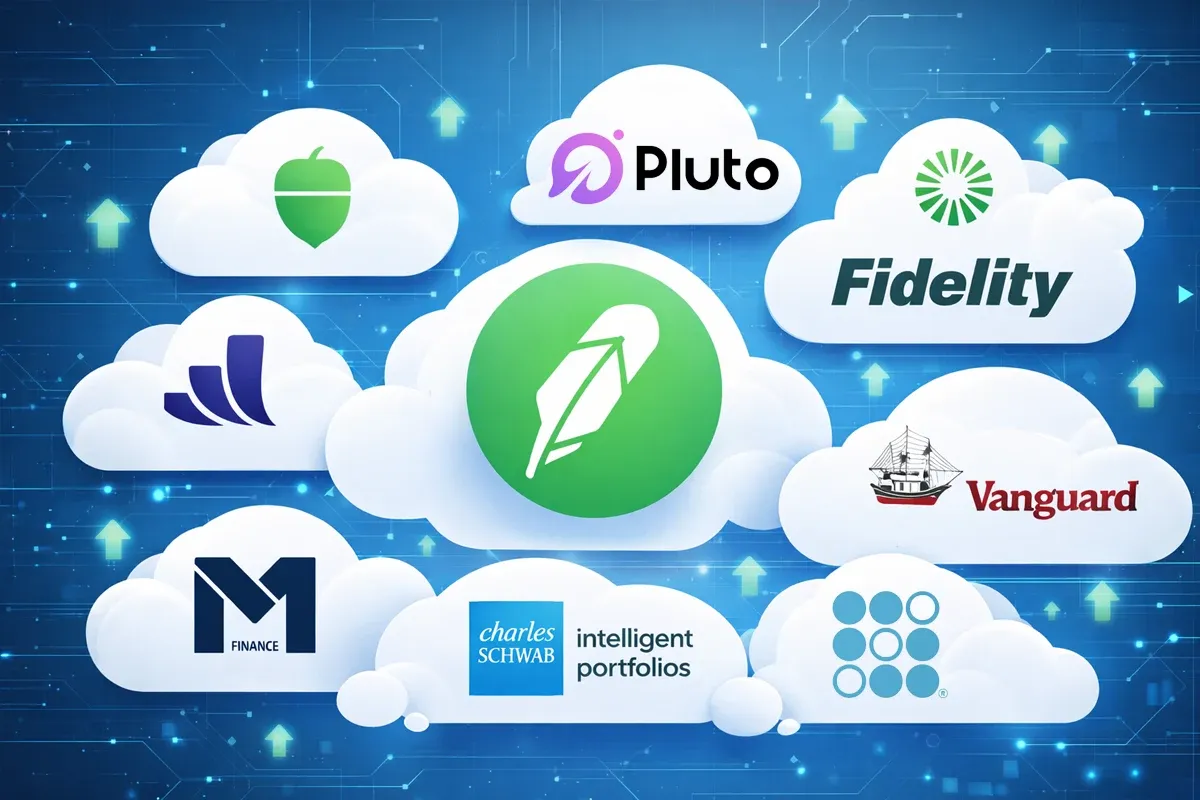 Various investment platform logos displayed on a digital cloud background. Companies include Robinhood, Fidelity, and Vanguard.