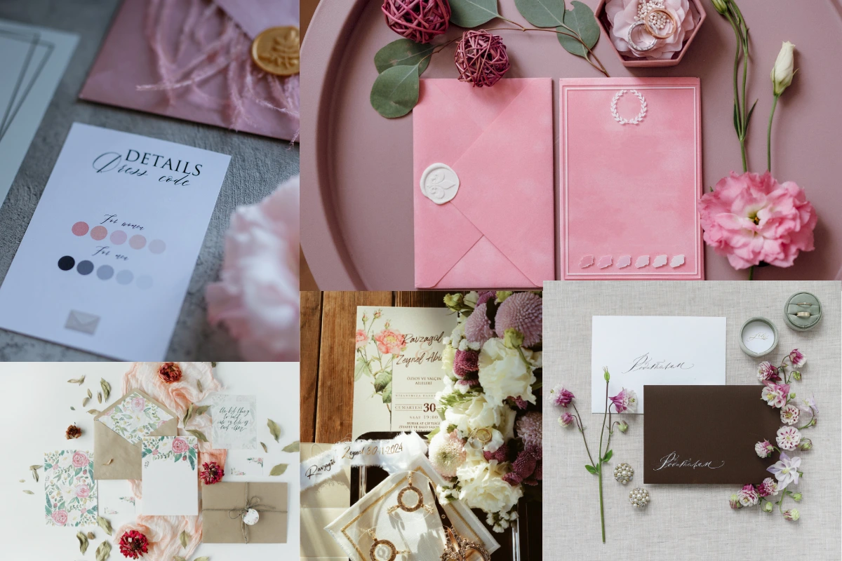 Elegant wedding invitation cards and floral decorations