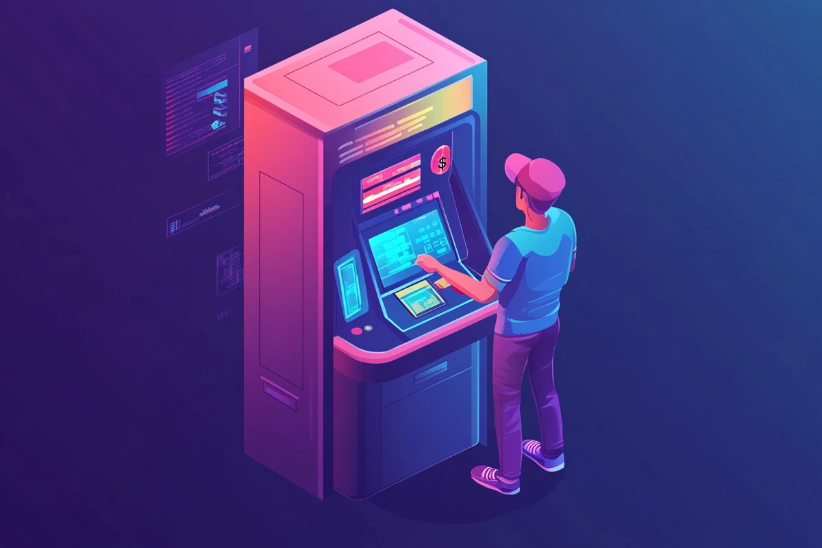 Man using modern digital interactive kiosk at night