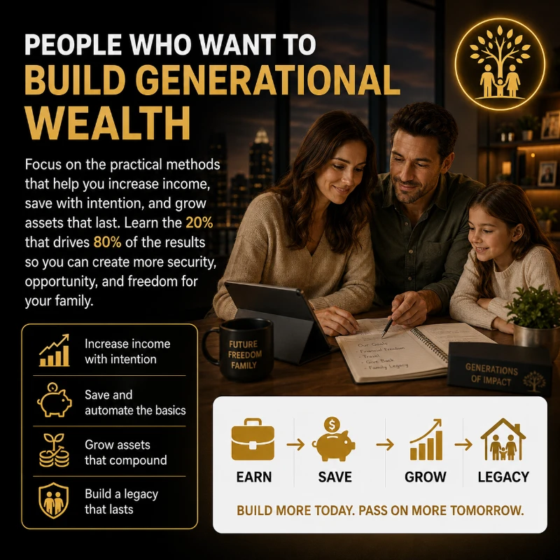 A family discussing strategies to build generational wealth, highlighting key concepts like earning, saving, growing, and creating a legacy.
