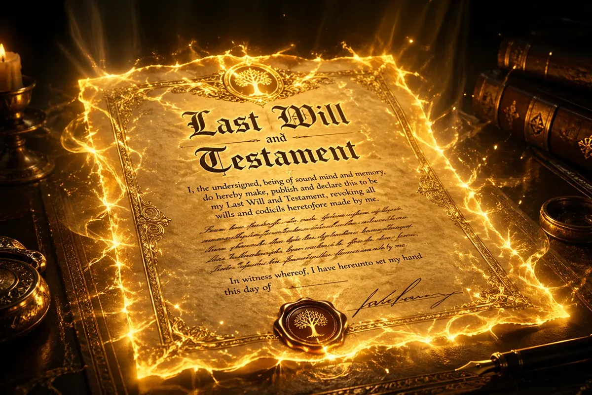 A glowing last will and testament document illuminated with magical light, emphasizing its importance and solemnity.
