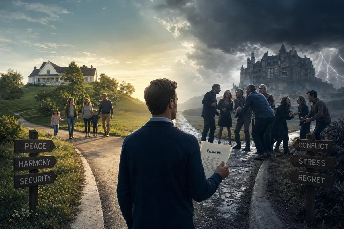A man stands at a crossroads holding an estate plan, contemplating the contrasting paths of peace and conflict. One path leads to a serene family gathering, while the other shows a chaotic scene of turmoil.