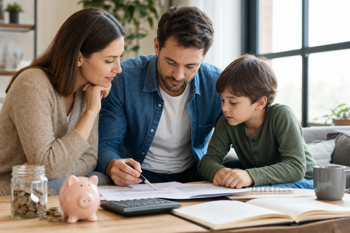 Parents and their child review a life insurance plan beside a savings jar and calculator