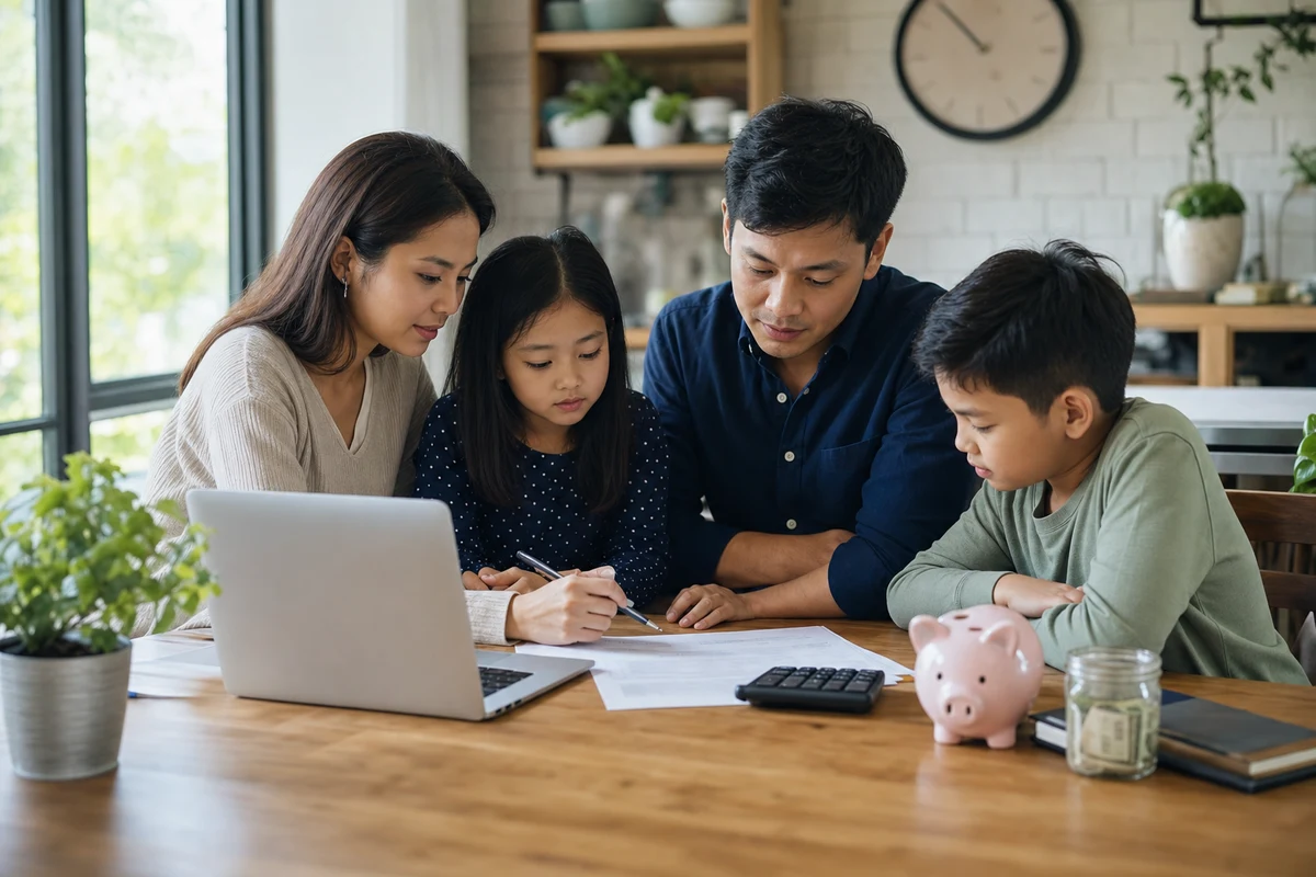 Parents and two children review life insurance coverage needs around a kitchen table