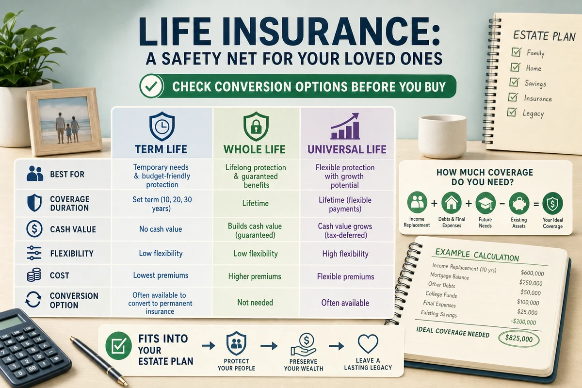 Infographic comparing term, whole, and universal life policies and illustrating a needs-based coverage calculation