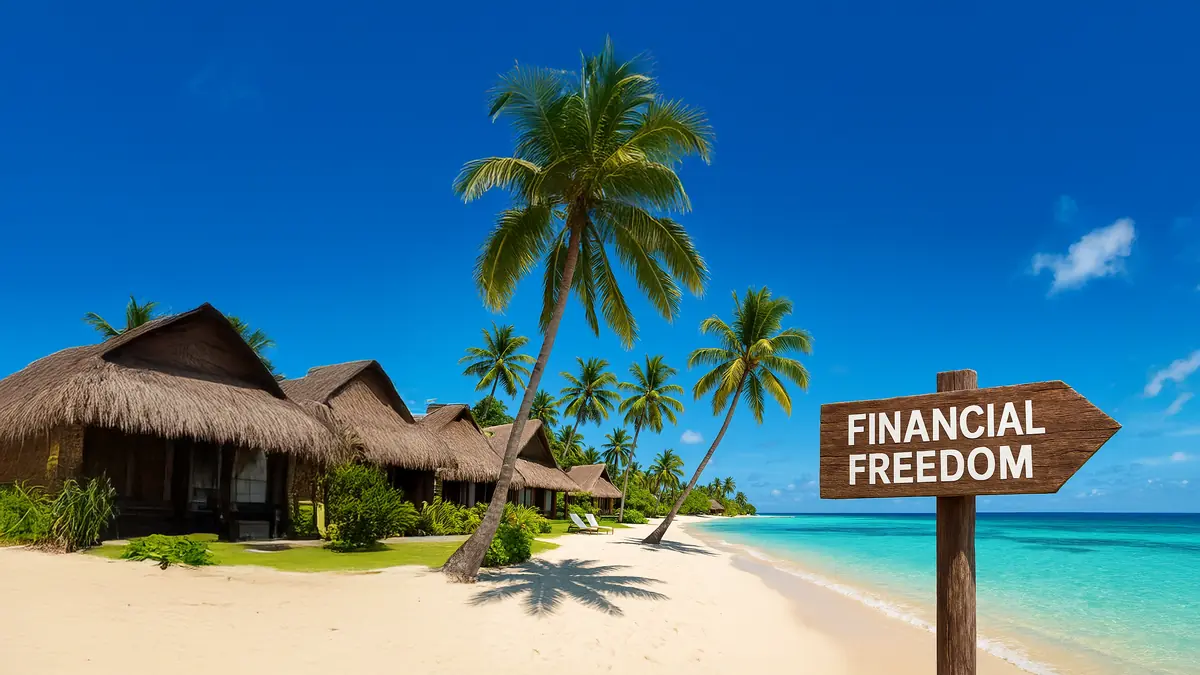 Tropical beach scene with palm trees, thatched-roof huts, and a wooden sign reading "Financial Freedom" pointing towards the ocean.