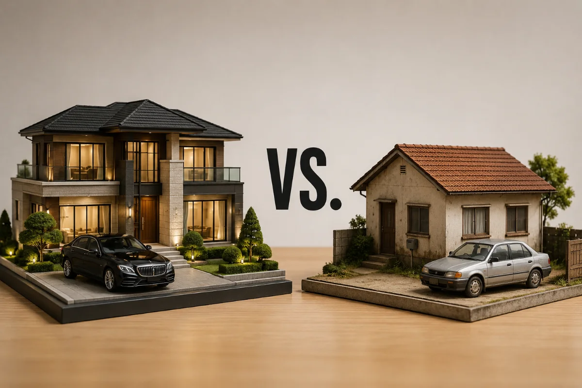 A comparison between a luxurious house model with a sleek car and a modest house model with an older vehicle, highlighting different lifestyles.