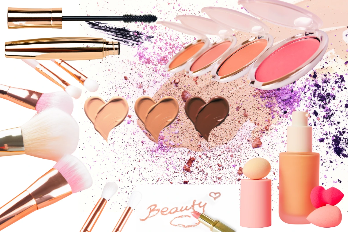 Assorted makeup products and brushes with colorful powders