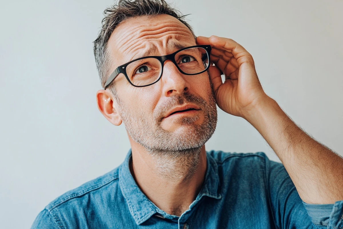 A middle-aged man with glasses, wearing a denim shirt, furrows his brow in confusion while touching his temple.